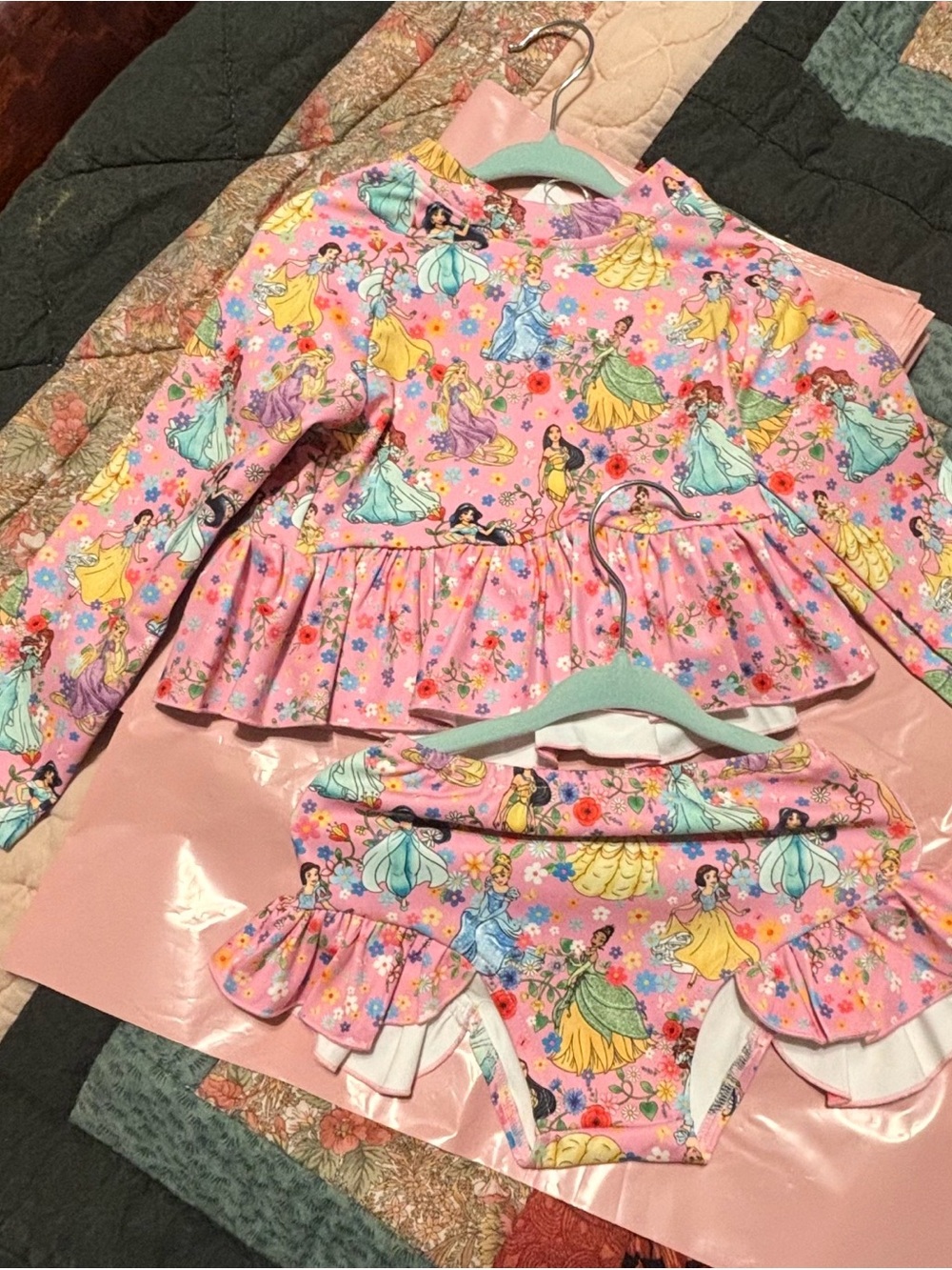 Girls' Pink Floral Princess Long-Sleeve Swim Rashguard Set
